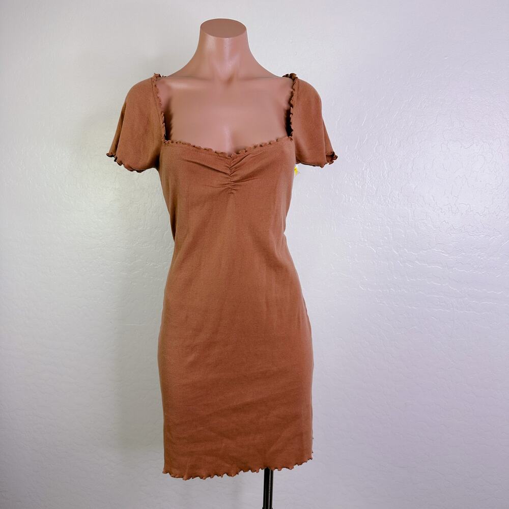 Abound Lettuce Edge Short Sleeve Mini Dress Casual 90s y2k Tan Mocha Medium NWT